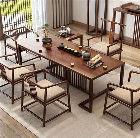 老榆木家具 原木餐桌 实木茶桌 中式餐桌 简约大茶桌 实木泡茶桌组合