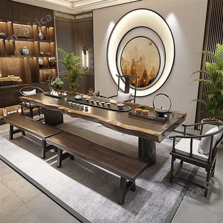 现代功夫茶几新中式实木茶桌椅组合办公室茶桌原木大板桌茶台简约