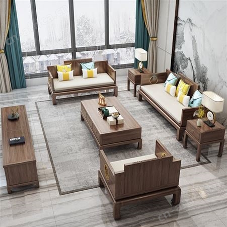 禅意酒店别墅样板房组合新中式实木沙发简约现代乌金木家具